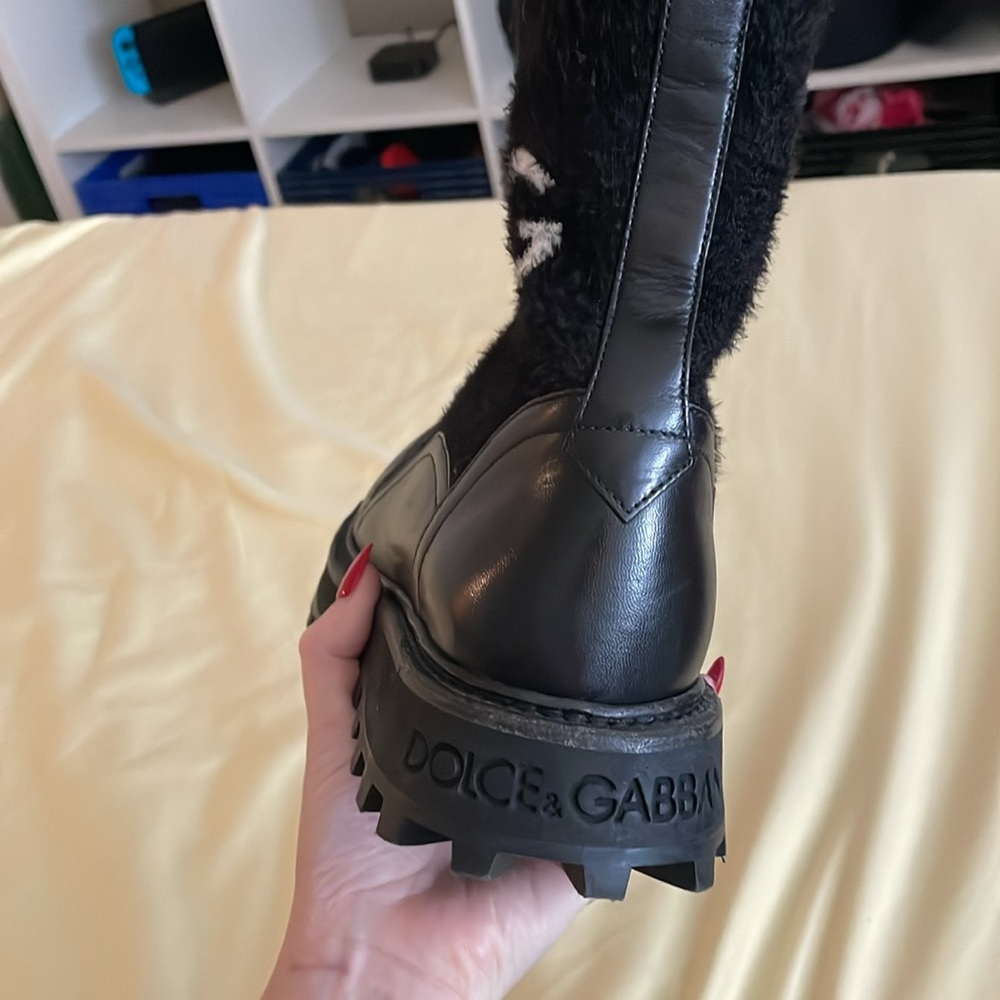 Super cute Dolce and Gabbana combat boots. They have a fuzzy sock-like upper. - Picture 2 of 4
